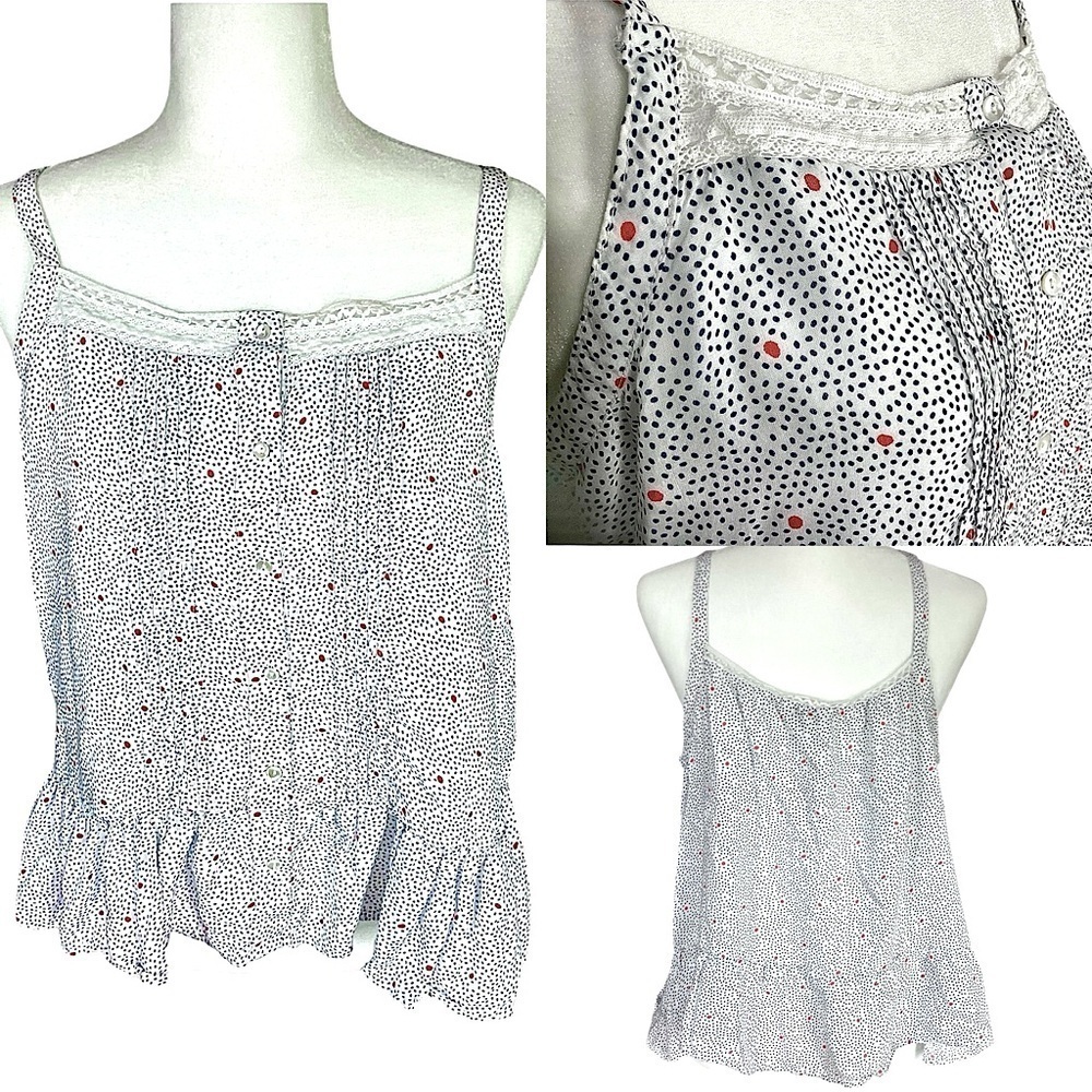 Lucky Brand Blue & Red Polka Dot on White Lace Trim Cotton Tank Top Size Large - Picture 2 of 16